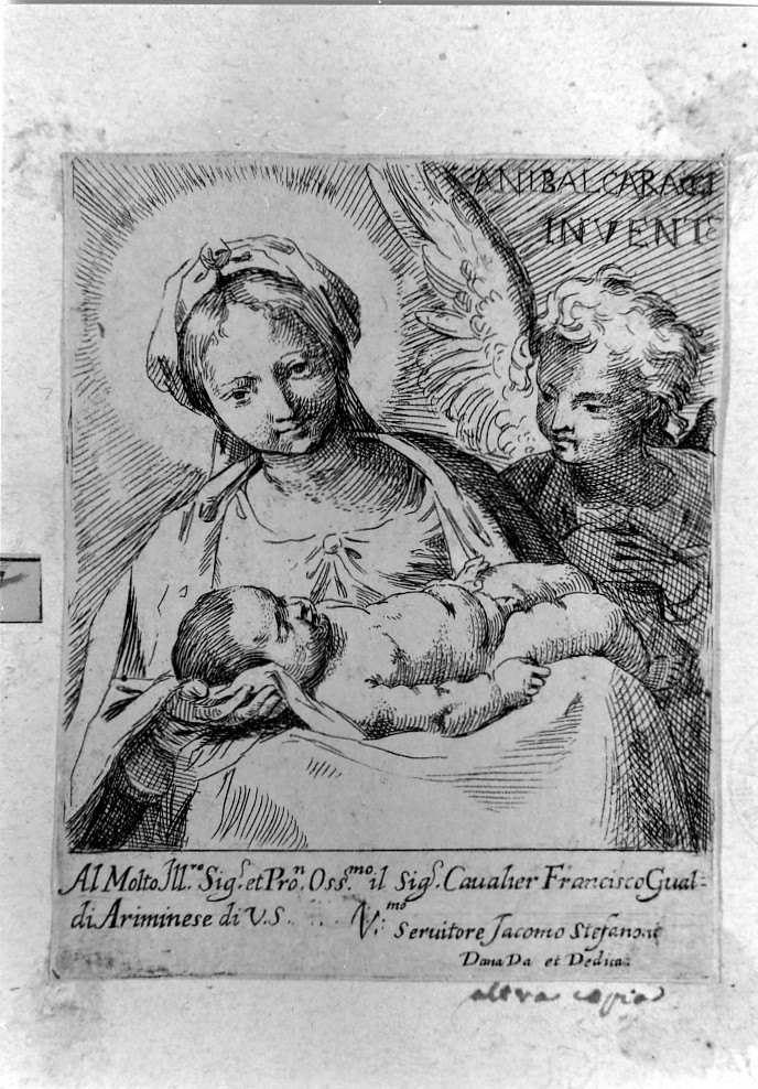 Madonna con Bambino e un angelo (stampa smarginata) di Stefanoni Giacomo Antonio, Carracci Annibale (sec. XVI)