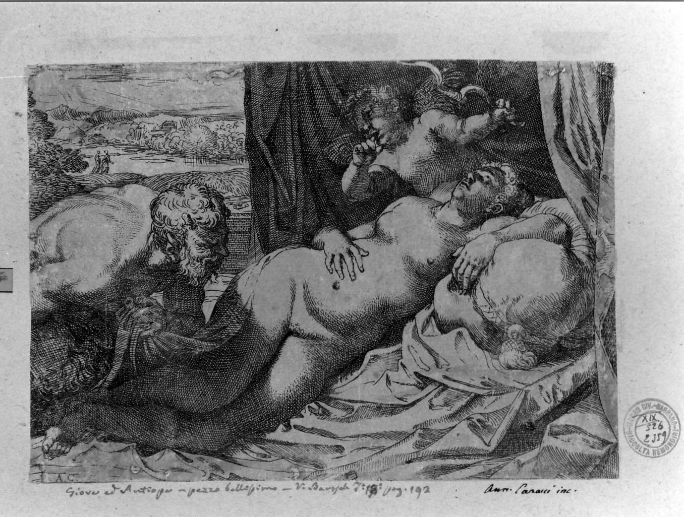 Satiro scopre una ninfa dormiente (stampa smarginata) di Carracci Annibale - ambito bolognese (sec. XVI)