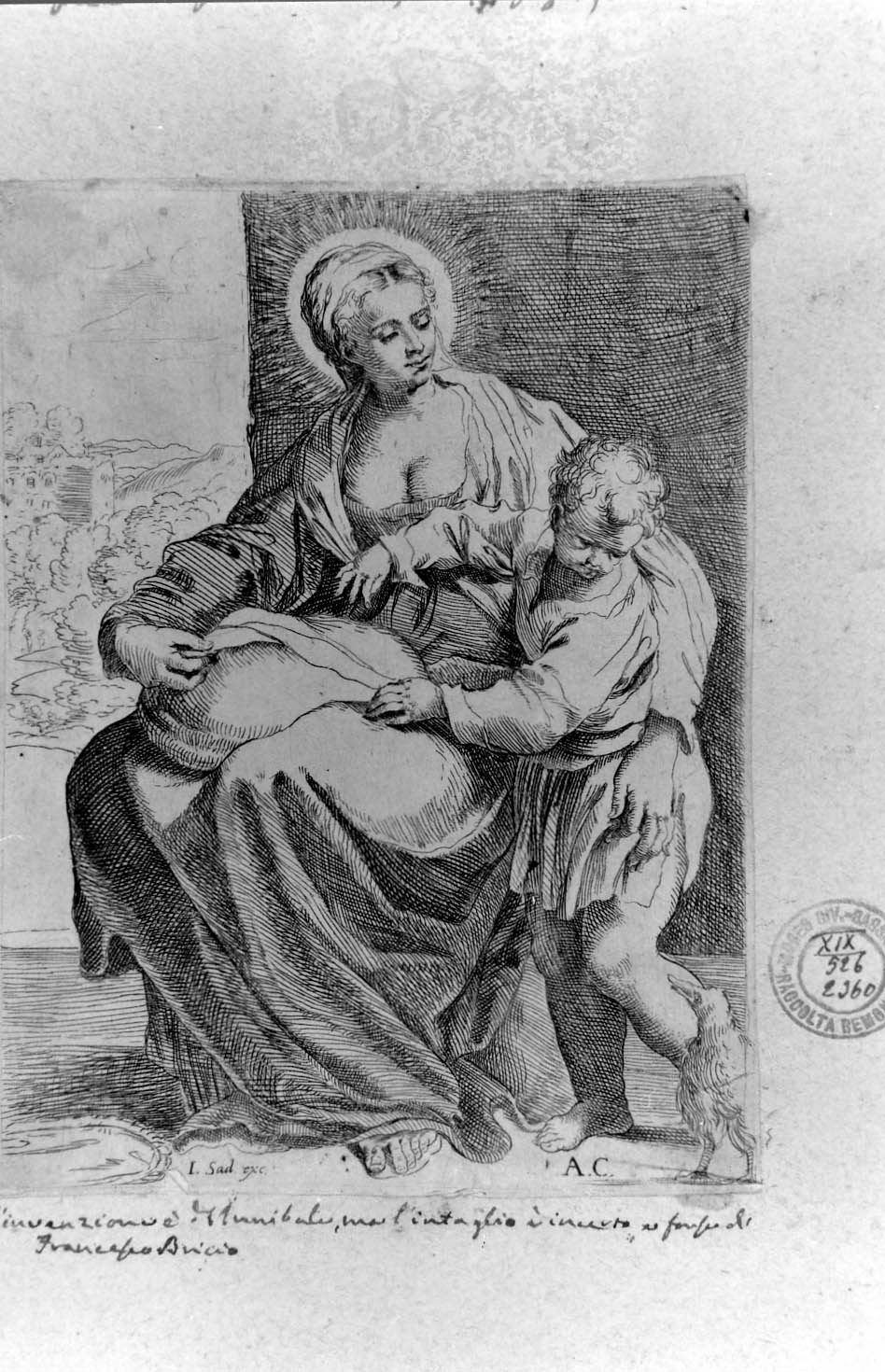 Madonna del guanciale, Madonna con Bambino (stampa smarginata) di Carracci Annibale, Brizio Francesco (sec. XVI)