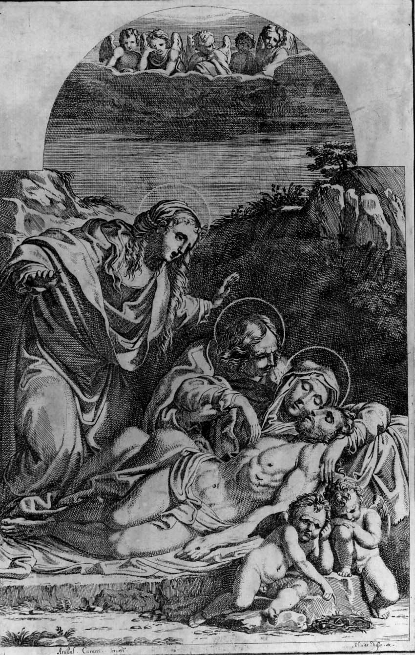 compianto sul Cristo morto (stampa smarginata) di Dauphin Oliviero, Carracci Annibale (sec. XVII)