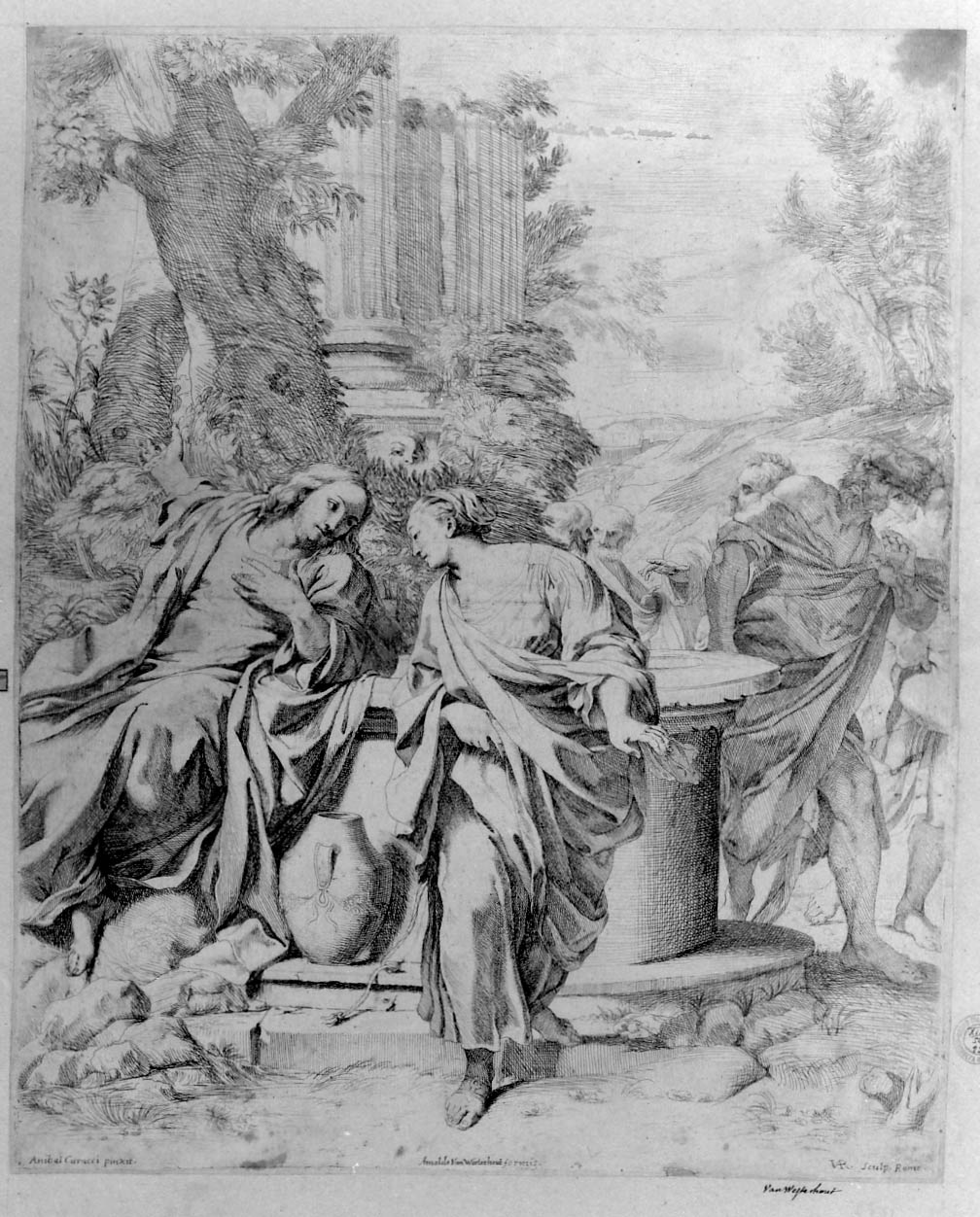 Cristo e la samaritana al pozzo (stampa smarginata) di Audenaerd Robert van, Carracci Annibale (sec. XVII)
