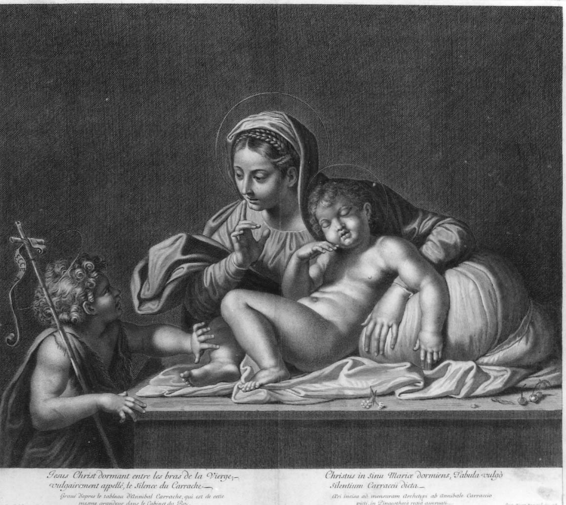 Madonna del silenzio, Madonna con Bambino e San Giovannino (stampa smarginata) di Picart Etienne, Domenichino (sec. XVII)