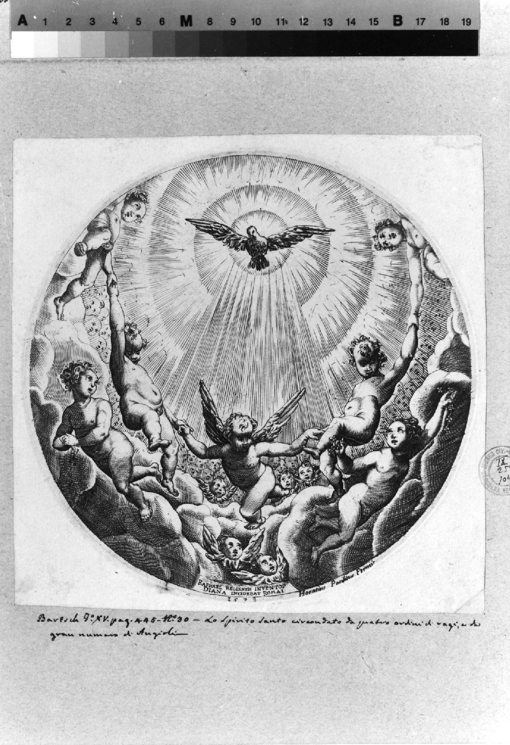 gloria d'angeli e colomba dello Spirito Santo (stampa smarginata) di Scultori Diana, Raffaellino da Reggio (sec. XVI)