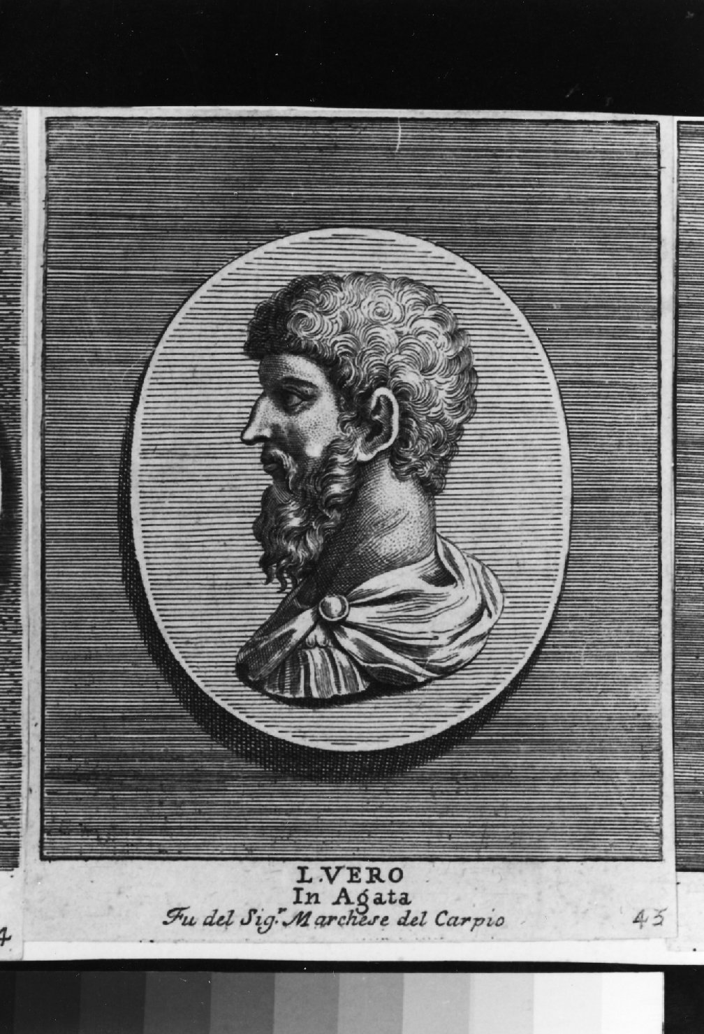 gemma antica con ritratto di Lucio Vero, ritratto d'uomo di profilo (stampa smarginata) di Aquila Francesco Faraone (sec. XVIII)