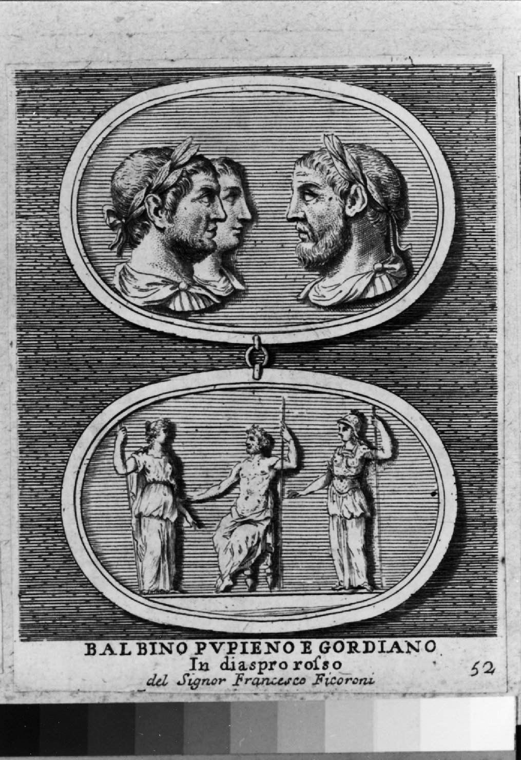 gemma antica con ritratti di Balbino Pupieno e Gordiano, ritratti (stampa smarginata) di Aquila Francesco Faraone (sec. XVIII)