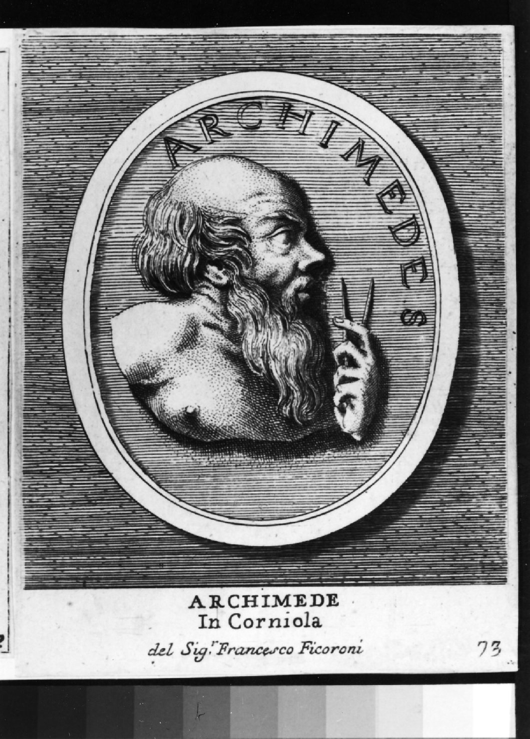 gemma antica con ritratto di Archimede, ritratto d'uomo di profilo (stampa smarginata) di Aquila Francesco Faraone (sec. XVIII)