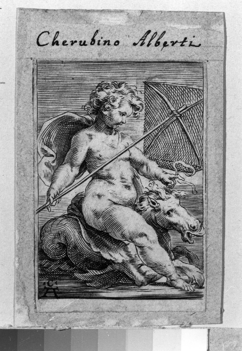 putto con cavallo marino (stampa smarginata) di Alberti Cherubino (secc. XVI/ XVII)