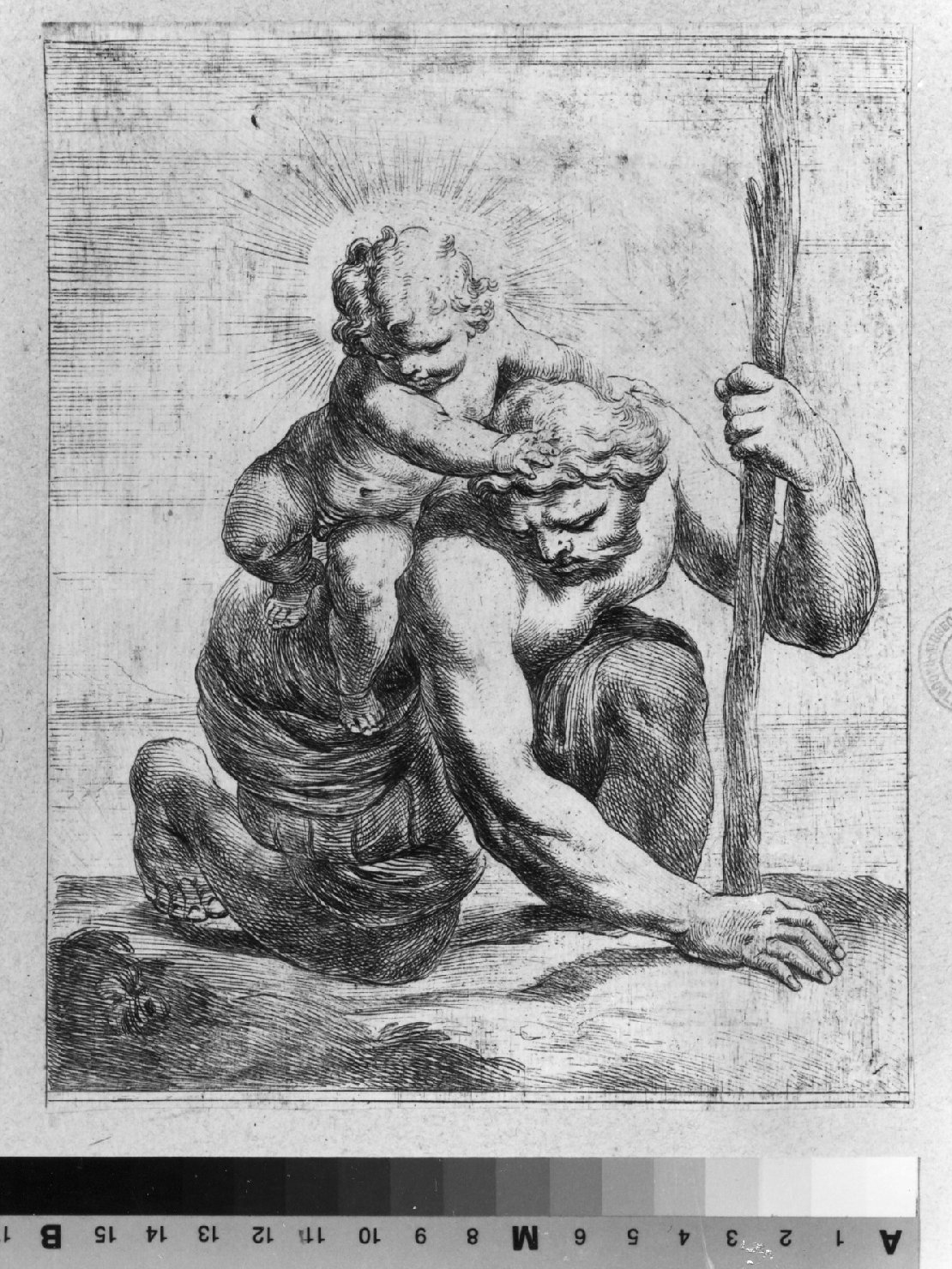 San Cristoforo guada il fiume con Gesù Bambino sulle spalle (stampa smarginata) di Biscaino Bartolomeo (sec. XVII)