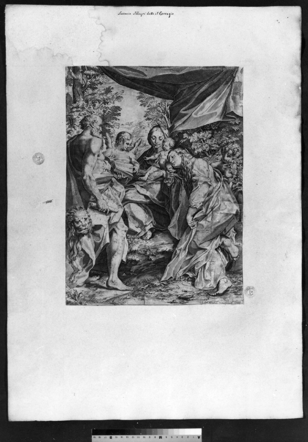 Madonna con Bambino, San Girolamo, San Giovannino, Santa Maria Maddalena e angelo (stampa smarginata) di Carracci Agostino (attribuito), Correggio (ultimo quarto sec. XVI)