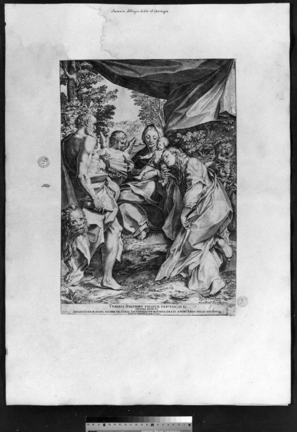 Madonna con Bambino, San Girolamo, San Giovannino, Santa Maria Maddalena e angelo (stampa smarginata) di Carracci Agostino, Correggio (sec. XVI)