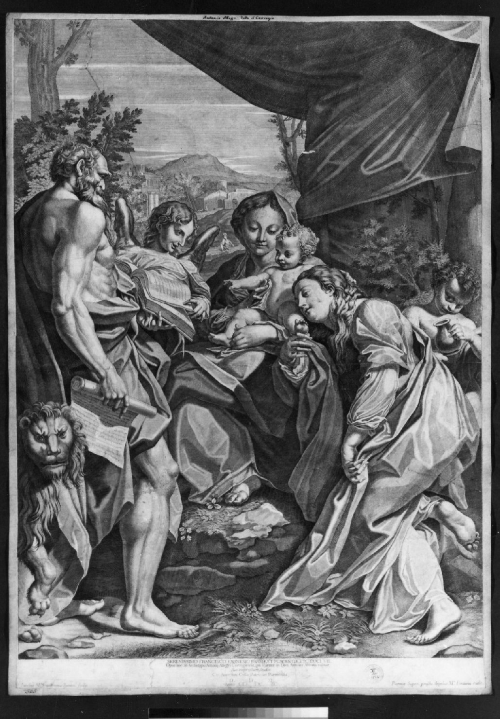 Madonna con Bambino, San Girolamo, San Giovannino, Santa Maria Maddalena e angelo (stampa smarginata) di Giovannini Giacomo, Correggio (sec. XVII)