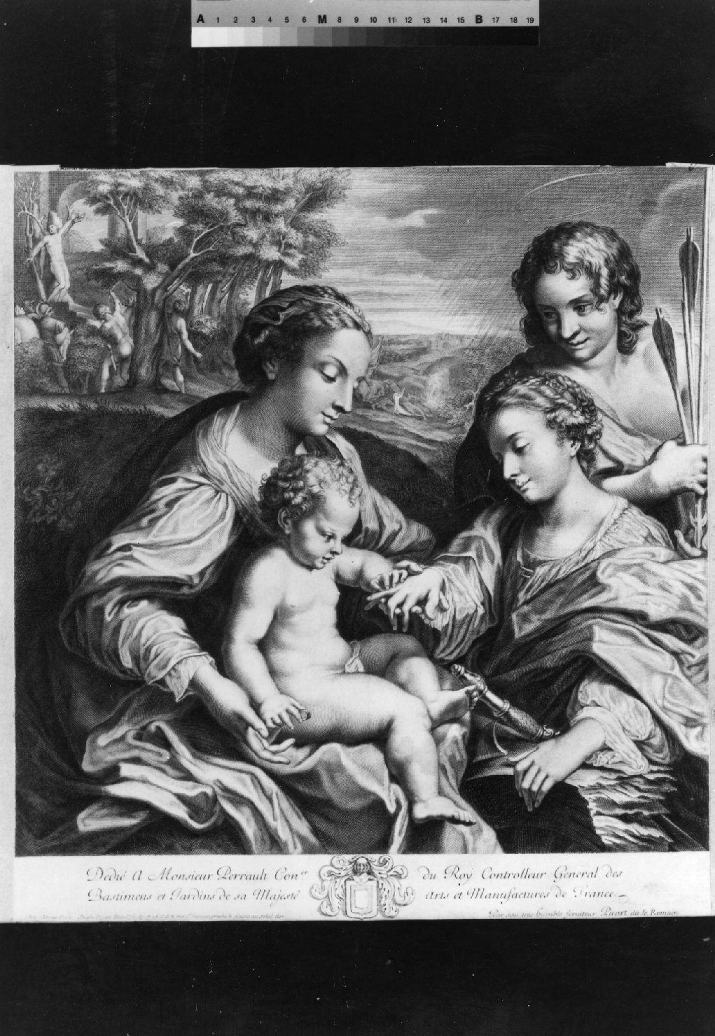 matrimonio mistico di Santa Caterina d'Alessandria con San Sebastiano (stampa smarginata) di Picart Etienne, Correggio (sec. XVIII)