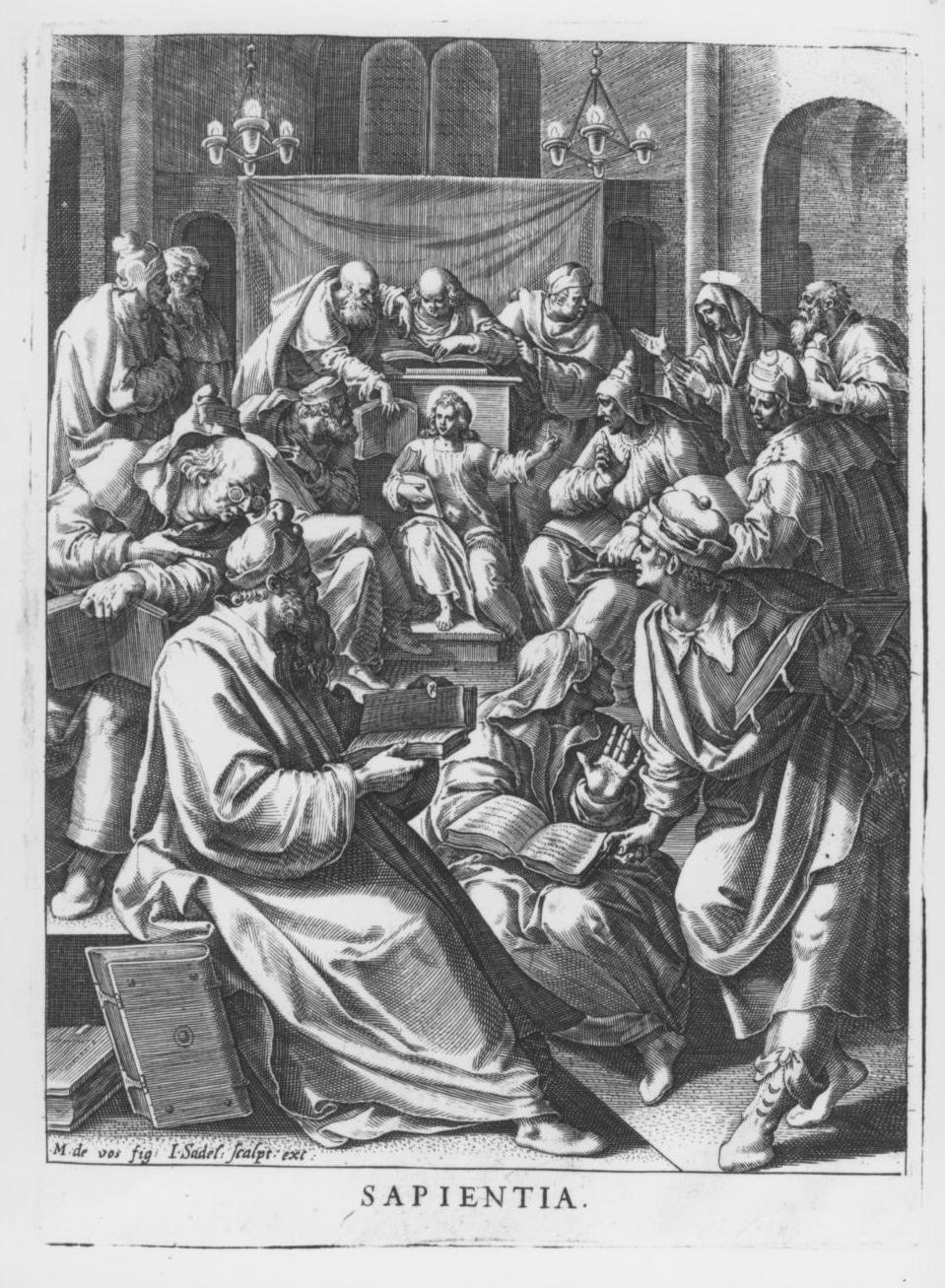 disputa di Gesù con i dottori nel tempio (stampa, elemento d'insieme) di Vos Marten de, Sadeler Johannes (sec. XVI)