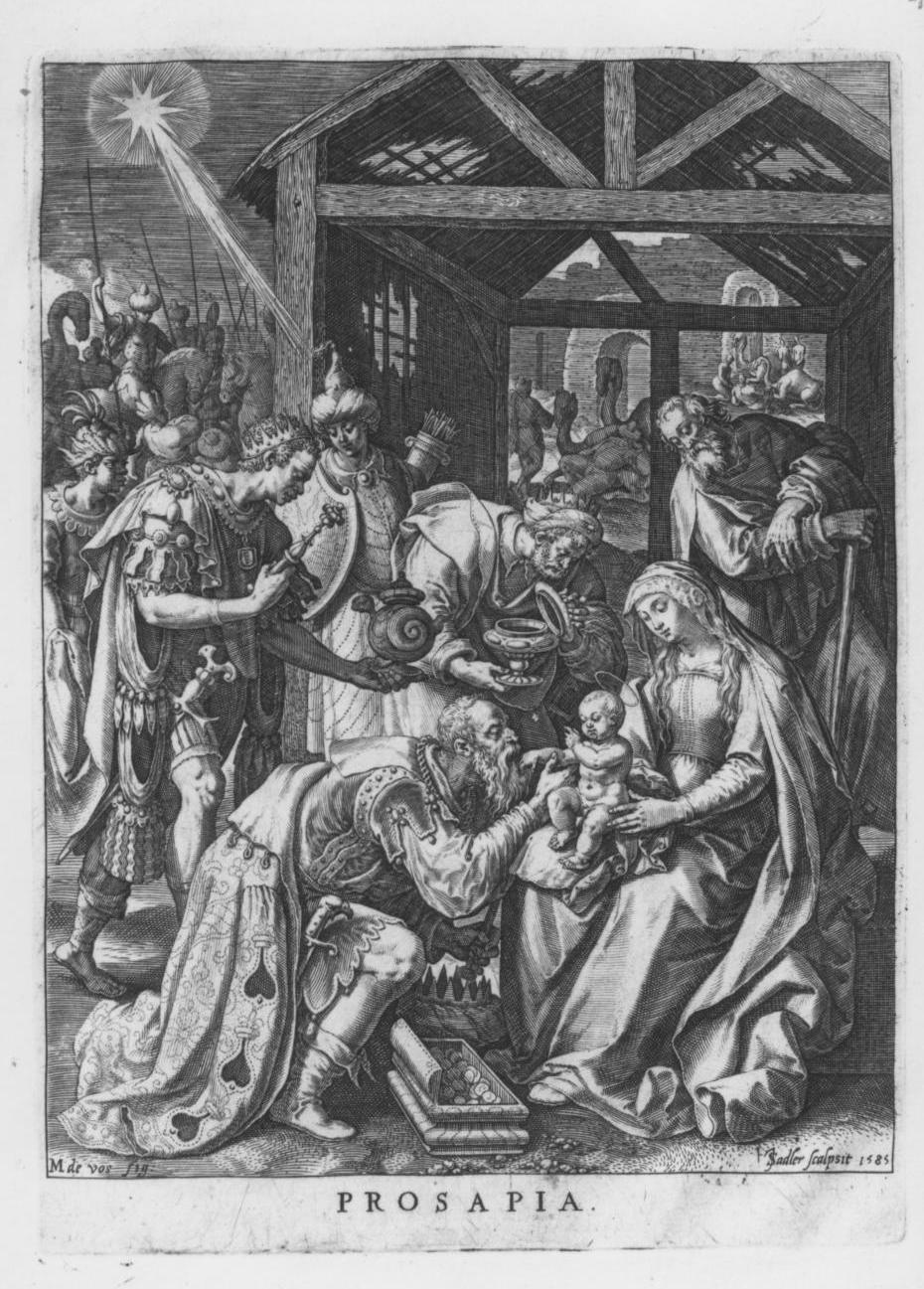 adorazione dei Re Magi (stampa, elemento d'insieme) di Vos Marten de, Sadeler Johannes (sec. XVI)