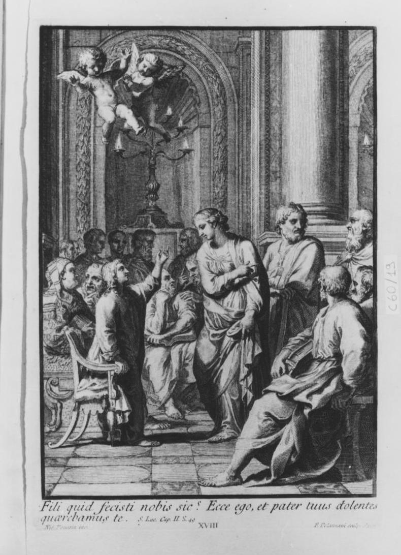 disputa di Gesù con i dottori nel tempio (stampa, elemento d'insieme) di Poussin Nicolas, Polanzani Francesco (sec. XVIII)