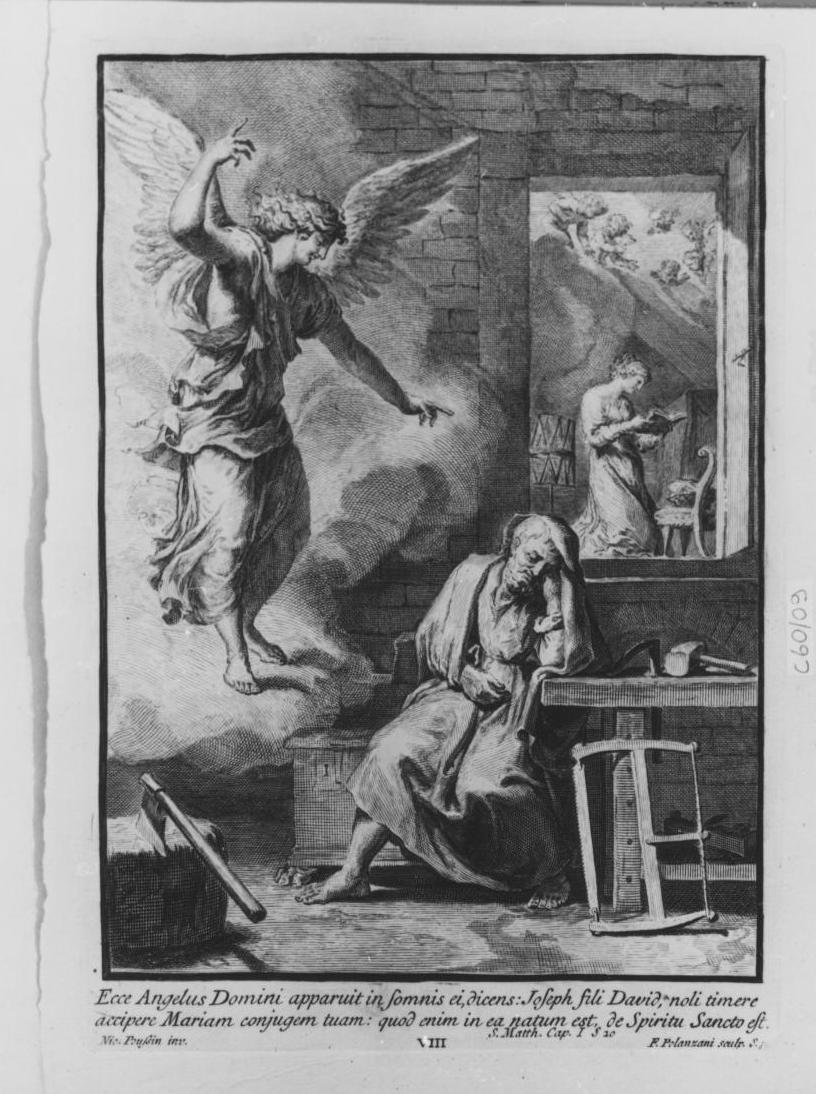 apparizione in sogno a Giuseppe dell'angelo che lo esorta a tornare a casa (stampa, elemento d'insieme) di Poussin Nicolas, Polanzani Francesco (sec. XVIII)