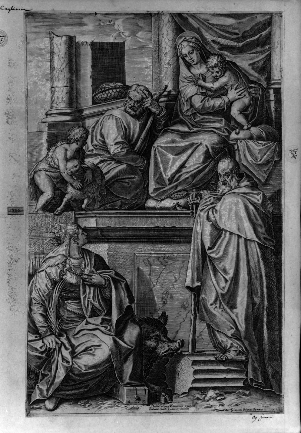 Sacra Famiglia con San Giovannino, Sant'Antonio abate e Santa Caterina (stampa smarginata) di Veronese Paolo, Carracci Agostino (sec. XVI)