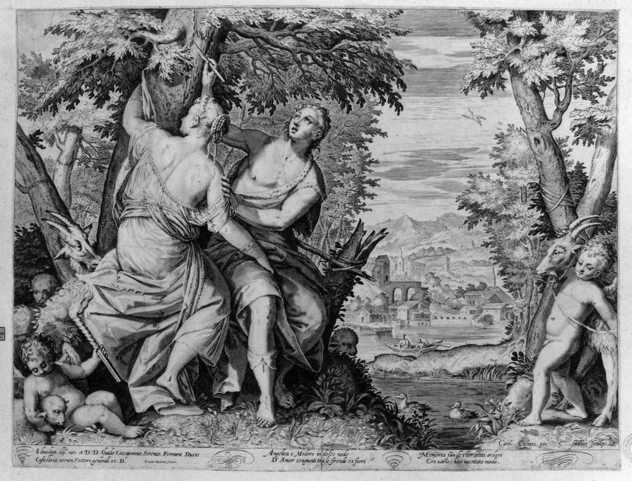 Angelica e Medoro incidono i loro nomi sulla corteccia dell'albero (stampa smarginata) di Caliari Carlo, Sadeler Jan il Vecchio (sec. XVI)