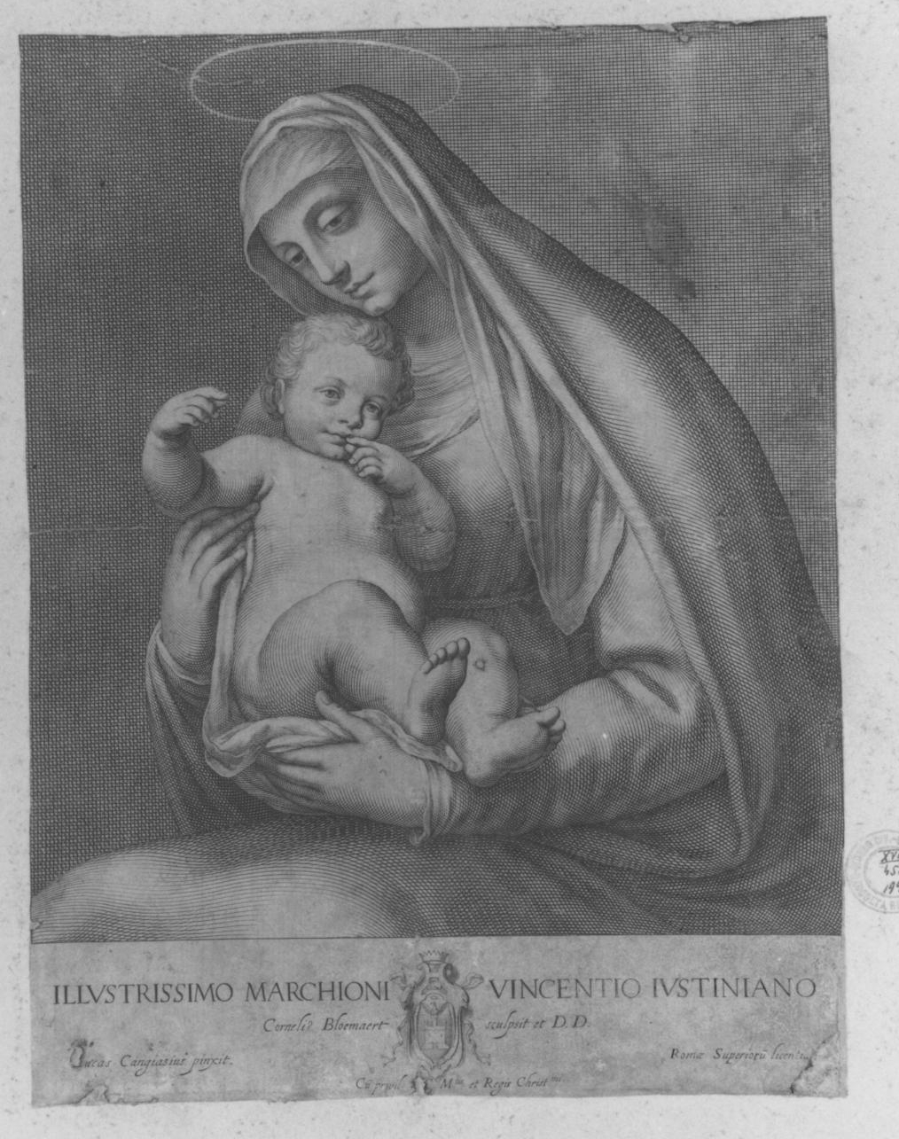 Madonna con Bambino (stampa smarginata) di Bloemaert Cornelis il Giovane, Cambiaso Luca (sec. XVII)