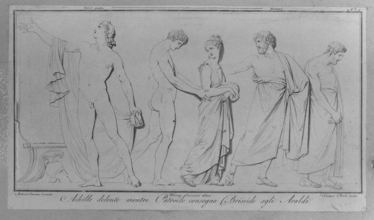 Briseide condotta nella tenda di Agamennone (stampa smarginata, serie) di Piroli Tommaso, Canova Antonio, Camuccini Vincenzo (sec. XVIII)