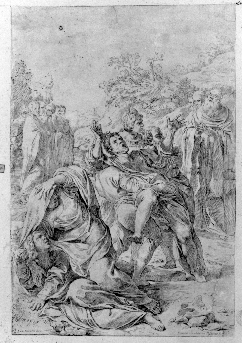 San Benedetto esorcizza un indemoniato (stampa smarginata) di Carracci Ludovico, Cantarini Simone detto Pesarese (sec. XVII)