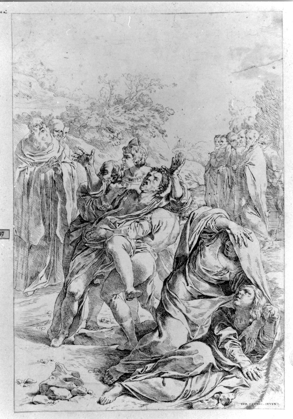San Benedetto esorcizza un indemoniato (stampa smarginata) di Carracci Ludovico, Cantarini Simone detto Pesarese (sec. XVII)