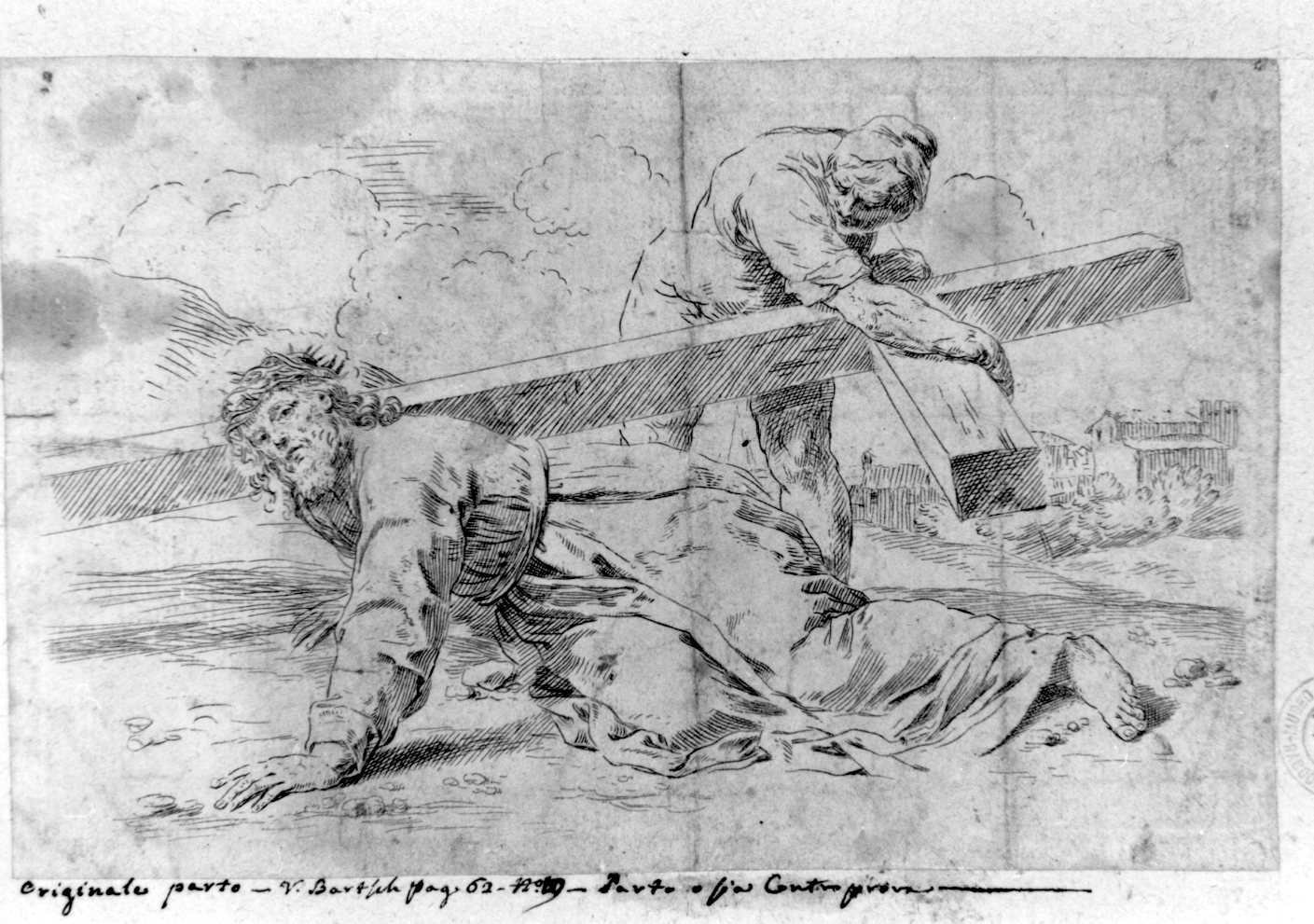 Cristo aiutato da Simone il Cireneo a portare la croce (stampa) di Cantarini Simone detto Pesarese - ambito emiliano (sec. XVII)