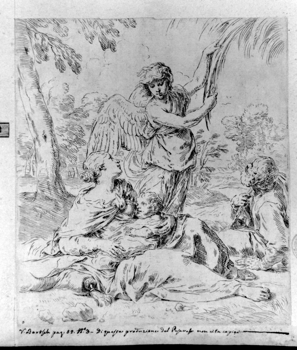 riposo nella fuga in Egitto e miracolo della palma piegata (stampa smarginata) di Cantarini Simone detto Pesarese (sec. XVII)
