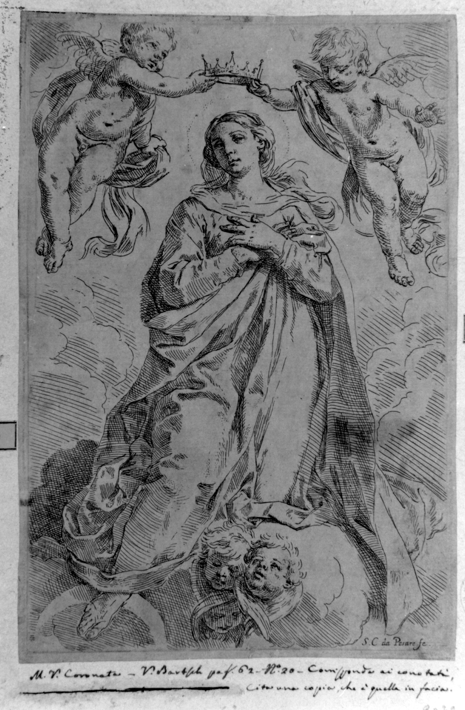 incoronazione di Maria Vergine (stampa) di Cantarini Simone detto Pesarese (sec. XVII)