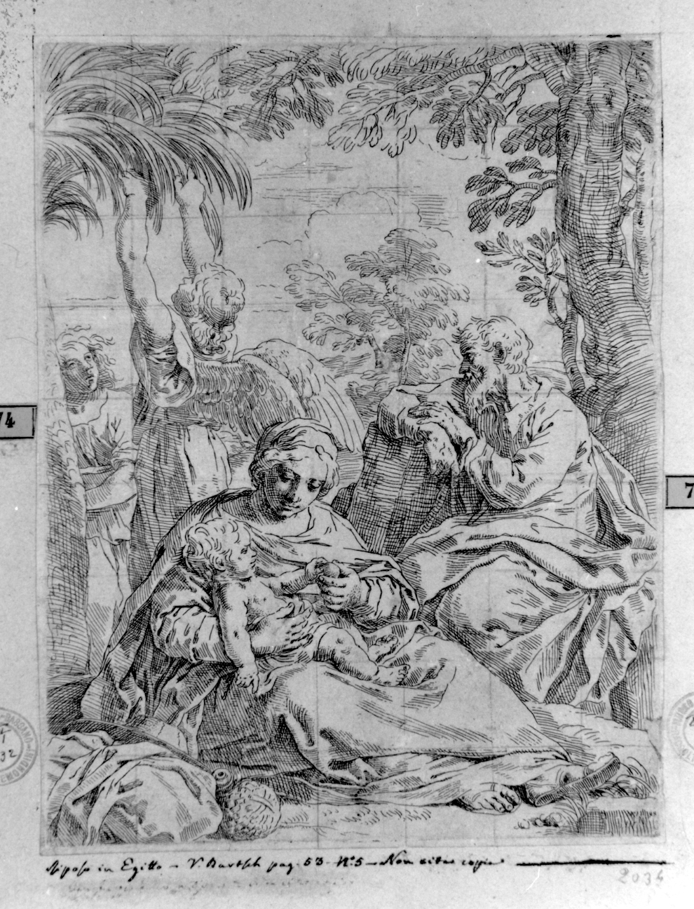 riposo nella fuga in Egitto e miracolo della palma piegata (stampa) di Cantarini Simone detto Pesarese (sec. XVII)