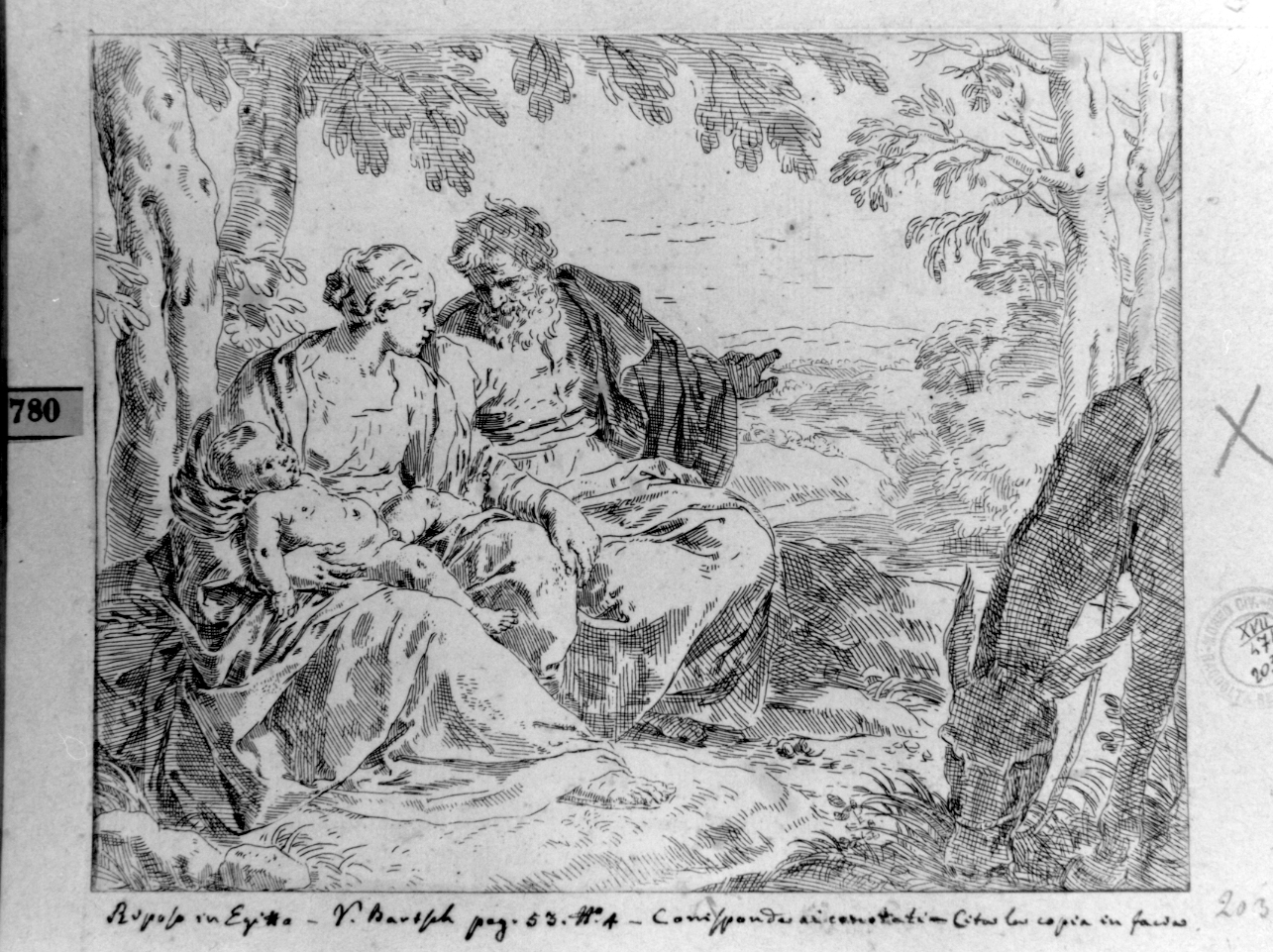 riposo nella fuga in Egitto (stampa smarginata) di Cantarini Simone detto Pesarese (sec. XVII)