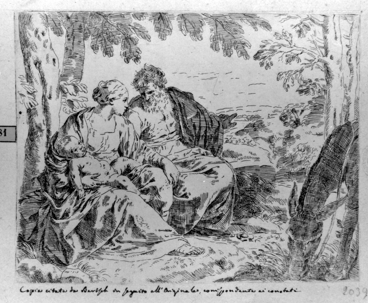 riposo nella fuga in Egitto (stampa smarginata) di Cantarini Simone detto Pesarese - ambito emiliano (sec. XVII)