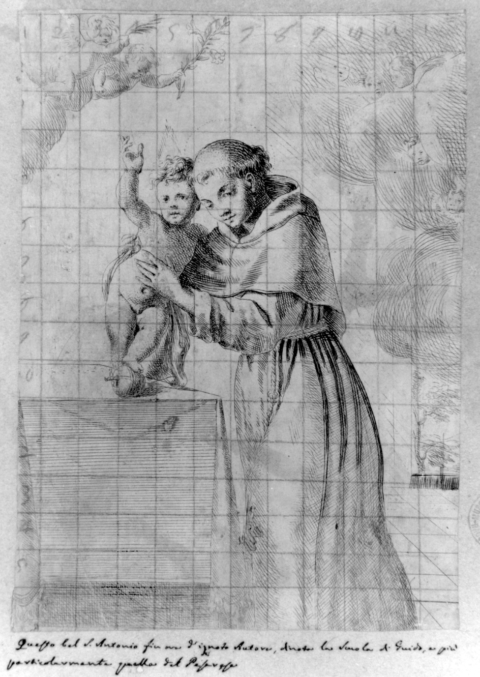 Sant'Antonio da Padova con il bambino (stampa smarginata) di Cantarini Simone detto Pesarese (attribuito) - ambito emiliano (?) (sec. XVII)
