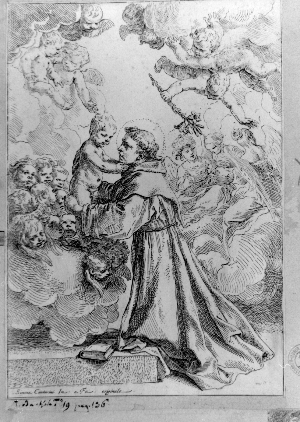 Sant'Antonio da Padova con il bambino (stampa smarginata) di Cantarini Simone detto Pesarese (sec. XVII)