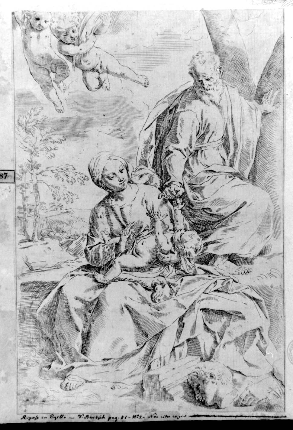 riposo nella fuga in Egitto (stampa smarginata) di Cantarini Simone detto Pesarese (sec. XVII)