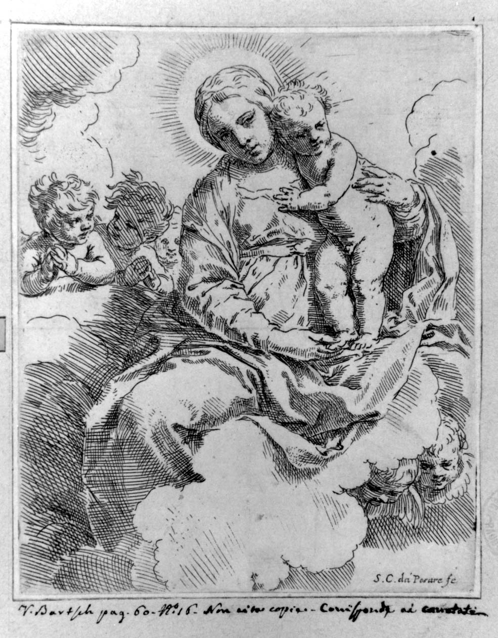Madonna con Bambino e angeli (stampa) di Cantarini Simone detto Pesarese (sec. XVII)