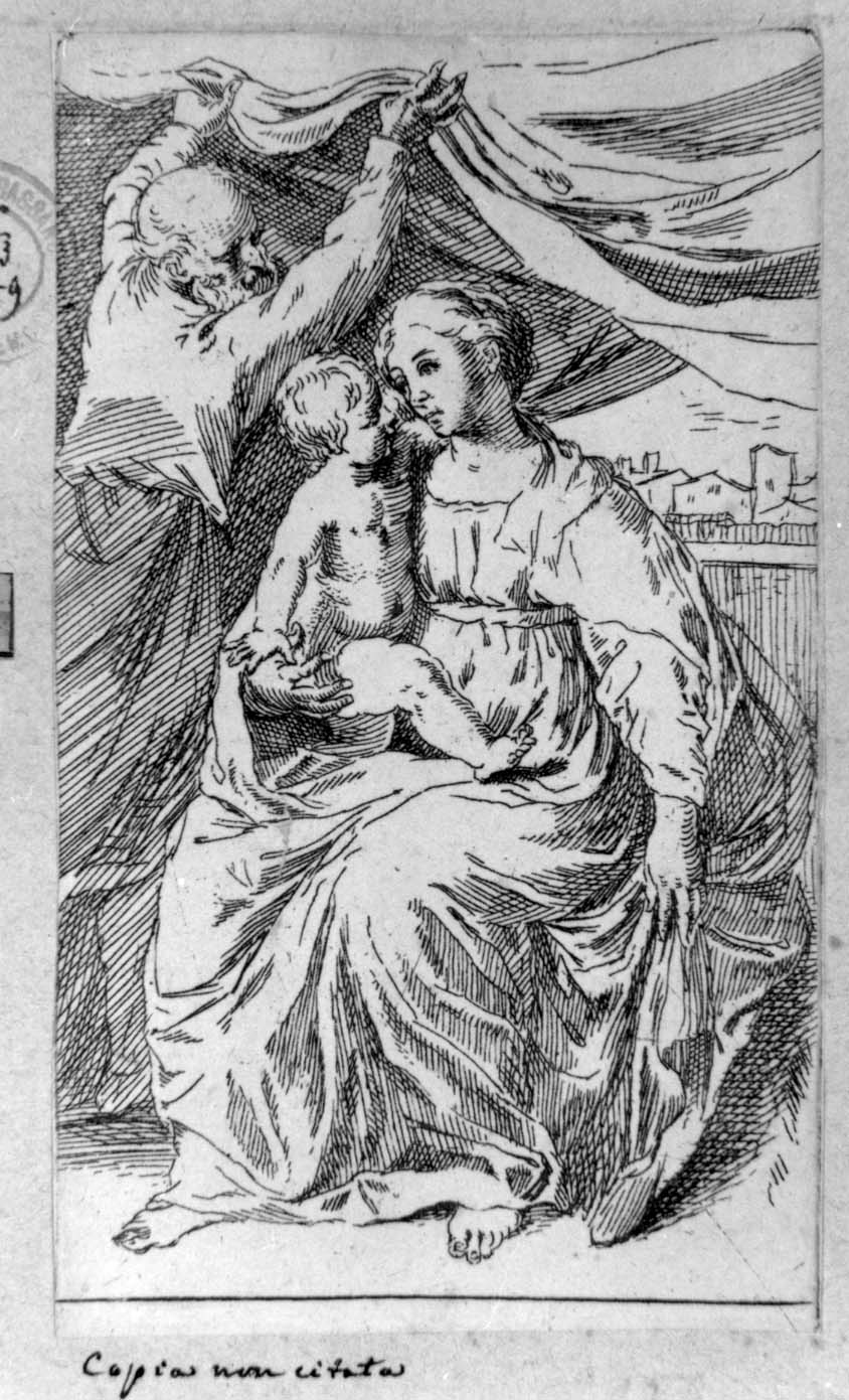 Sacra Famiglia (stampa smarginata) di Cantarini Simone detto Pesarese - ambito emiliano (?) (sec. XVII)