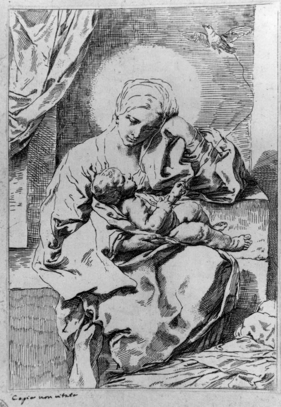 Madonna con Bambino che tiene in mano un uccellino (stampa smarginata) di Cantarini Simone detto Pesarese - ambito emiliano (?) (sec. XVII)