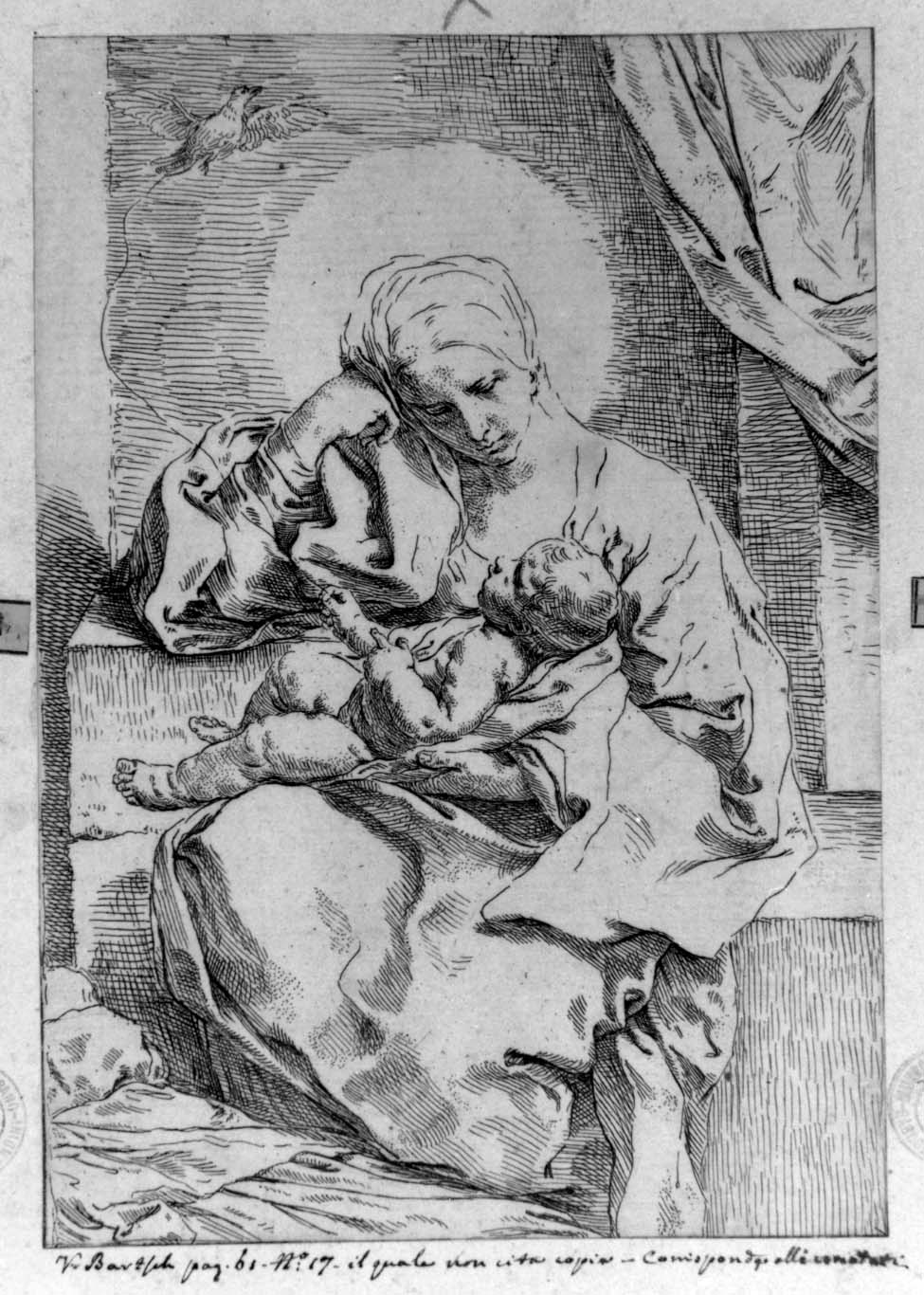Madonna con Bambino che tiene in mano un uccellino (stampa smarginata) di Cantarini Simone detto Pesarese (sec. XVII)