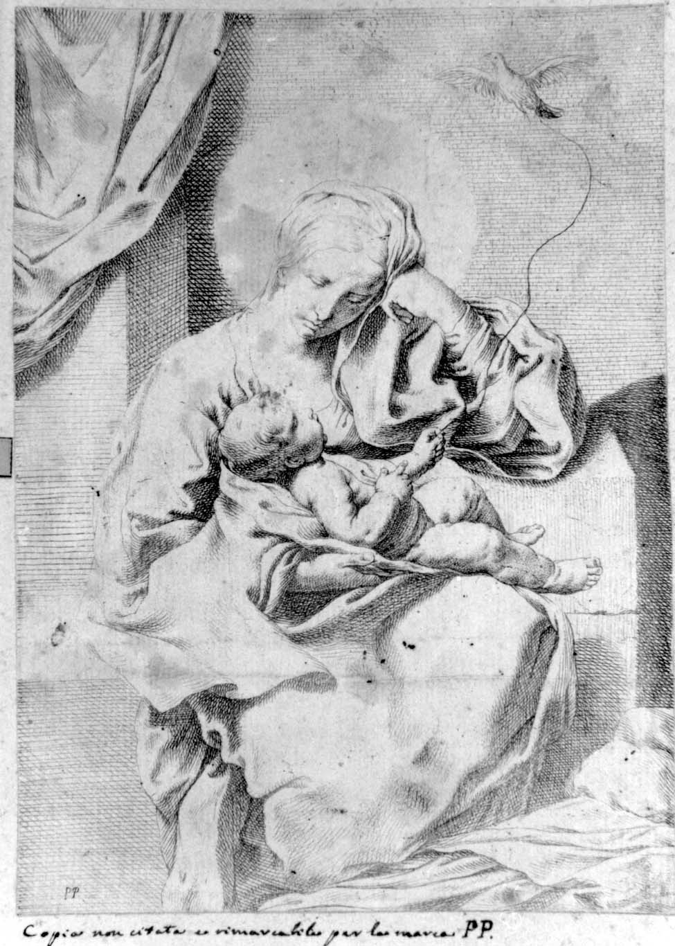 Madonna con Bambino che tiene in mano un uccellino (stampa smarginata) di Cantarini Simone detto Pesarese - ambito emiliano (?) (sec. XVII)