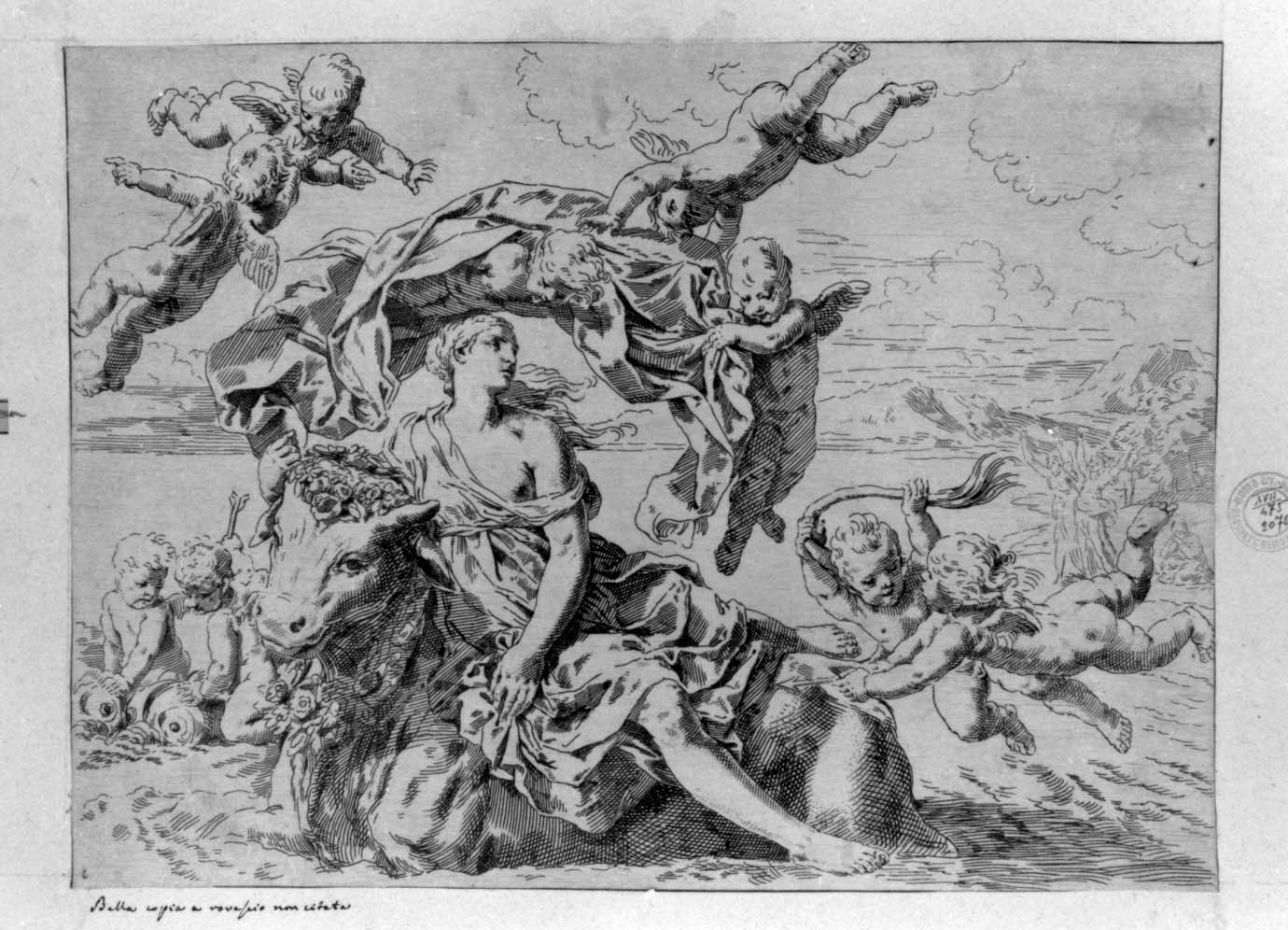 ratto di Europa (stampa smarginata) di Cantarini Simone detto Pesarese - ambito emiliano (?) (sec. XVII)