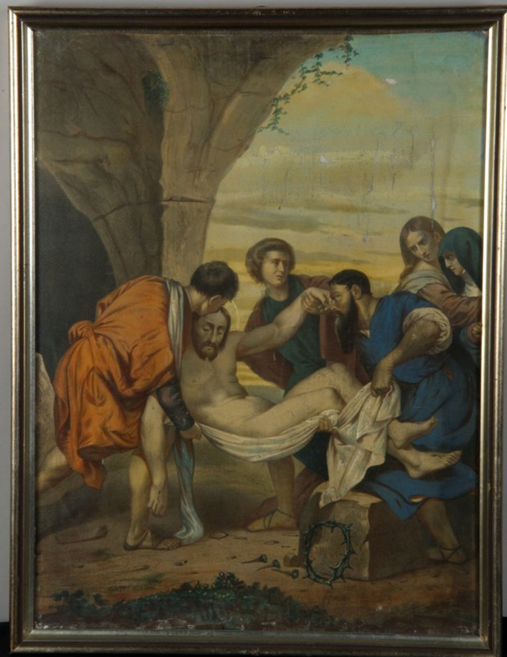 stazione XIV: Gesù deposto nel sepolcro (stampa a colori tagliata, elemento d'insieme) di Pingot Henri Auguste (sec. XIX)