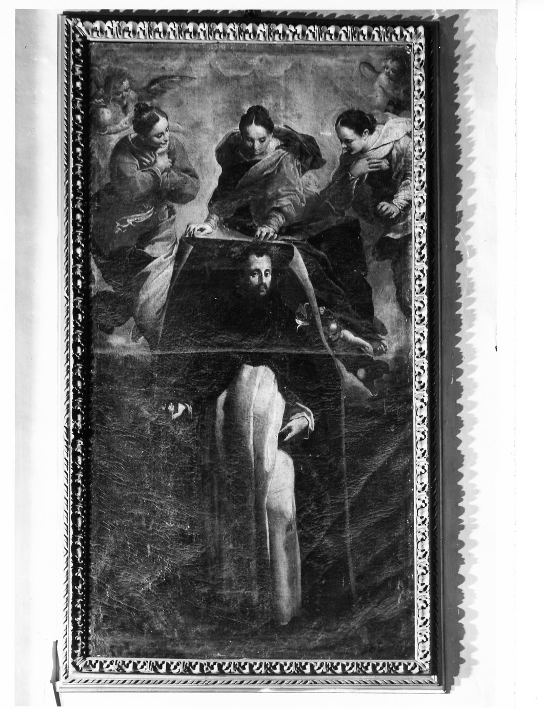 Madonna con Santa Barbara e Santa Caterina mentre mostra al popolo di Soriano l'immagine di San Domenico (dipinto) di Bononi Carlo (fine sec. XVI)
