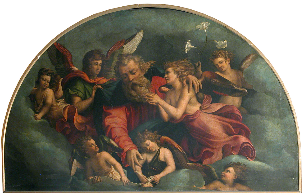 Dio Padre tra angeli (dipinto, opera isolata) di Rinaldo Mantovano (attribuito) (secondo quarto sec. XVI)