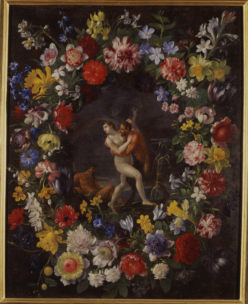Pan e Siringa entro ghirlanda di fiori (dipinto, opera isolata) di Stanchi Giovanni (bottega) - ambito romano (sec. XVII)