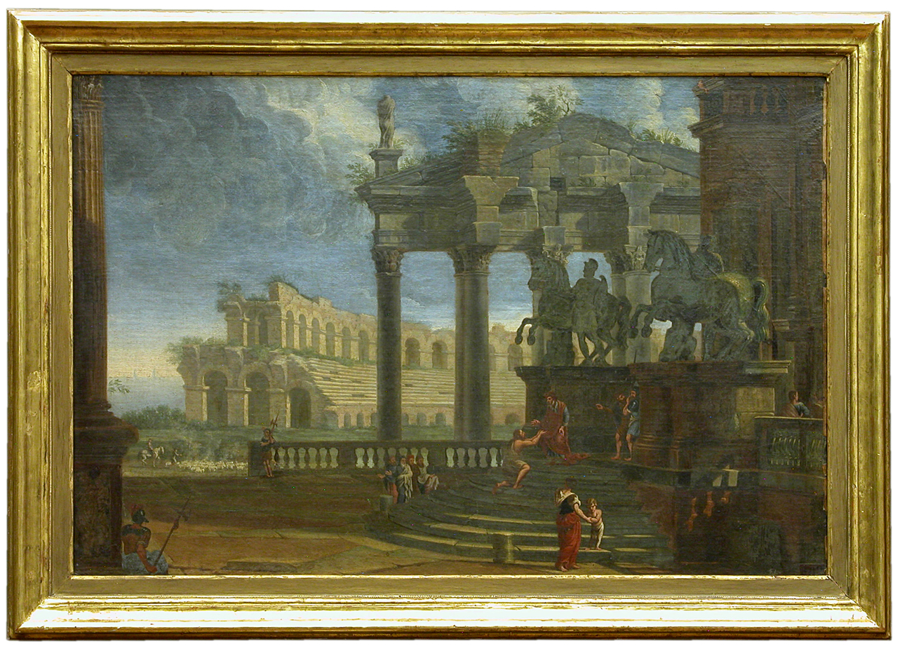 veduta di fantasia di Roma con il Campidoglio e il Colosseo (dipinto, opera isolata) di Pannini Giovanni Paolo (maniera) (secondo quarto sec. XVIII)