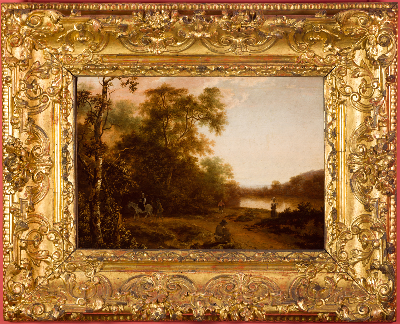 Paesaggio boschivo con viaggiatori vicino a un fiume (dipinto, opera isolata) di Both Jan - ambito olandese (metà sec. XVII)