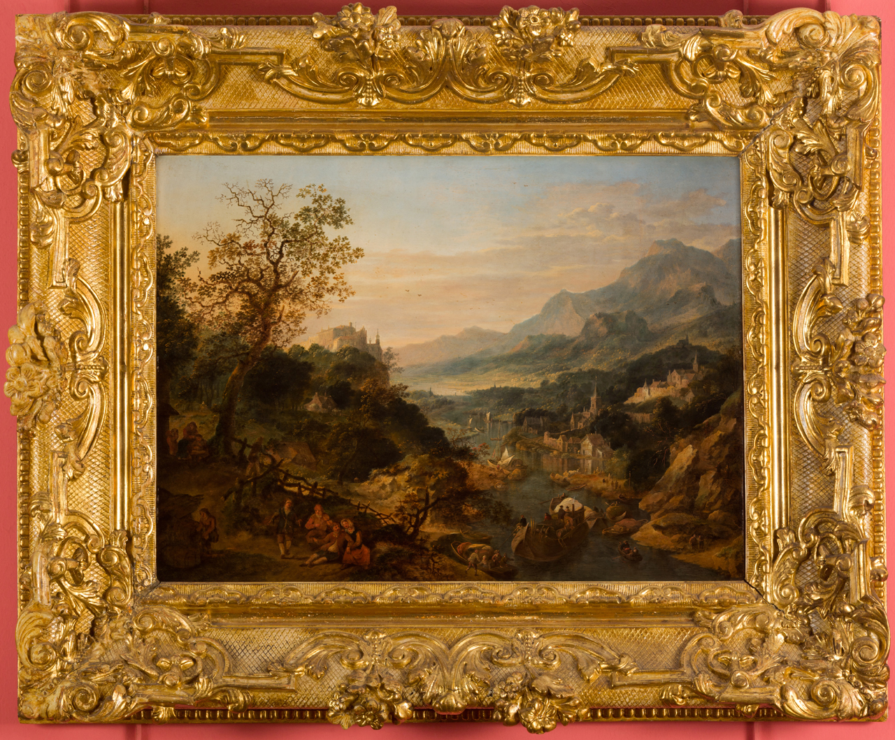 paesaggio fluviale montuoso con festa campestre (dipinto, opera isolata) di Griffier Jan I (attribuito) - ambito olandese (fine/ inizio secc. XVII/ XVIII)