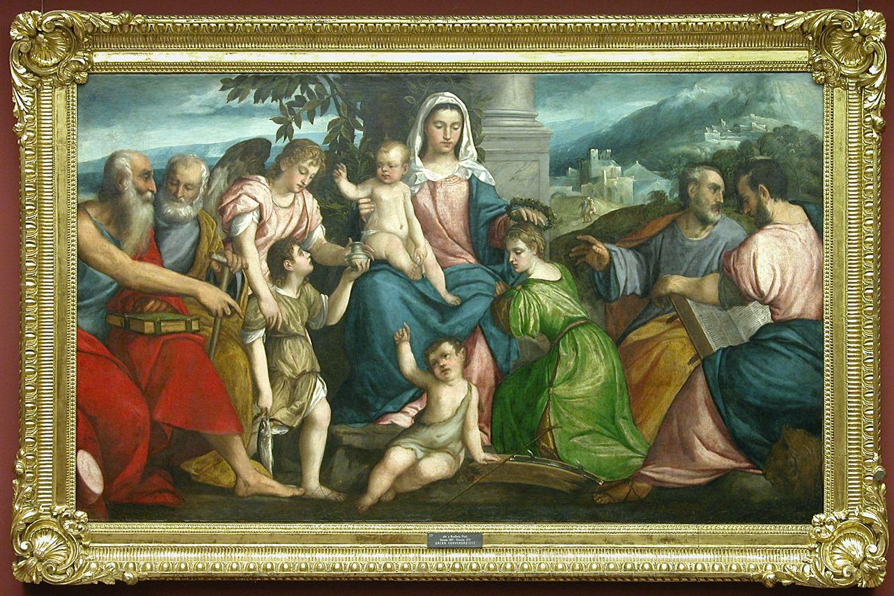 Madonna con il Bambino fra i Santi Caterina d’Alessandria, Giovannino, Girolamo e Giuseppe (?), Pietro (?) e l’Evangelista Marco, l’Arcangelo Gabriele e Tobiolo (dipinto, opera isolata) di De' Pitati Bonifacio detto Bonifacio Veronese (bottega) (secondo quarto sec. XVI)