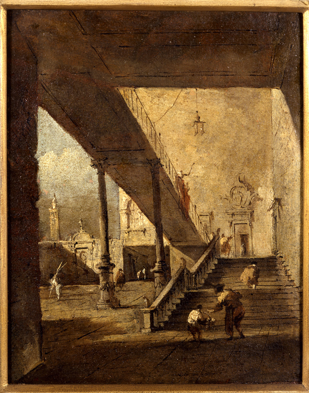 Interno del cortile di un palazzo, veduta prospettica dell'interno di un palazzo (dipinto, opera isolata) di Guardi Francesco (ultimo quarto sec. XVIII)